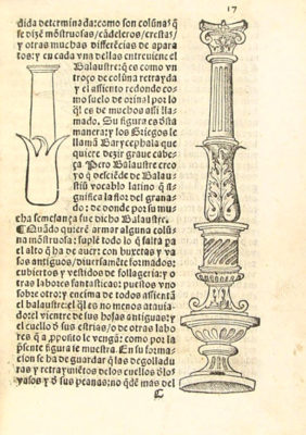 BIBLIOARQUITECTONICA Balaustre y columna mostruosa Diego de Sagredo. Medidas del romano. Toledo: Juan de Ayala Cano, 1564. p.17