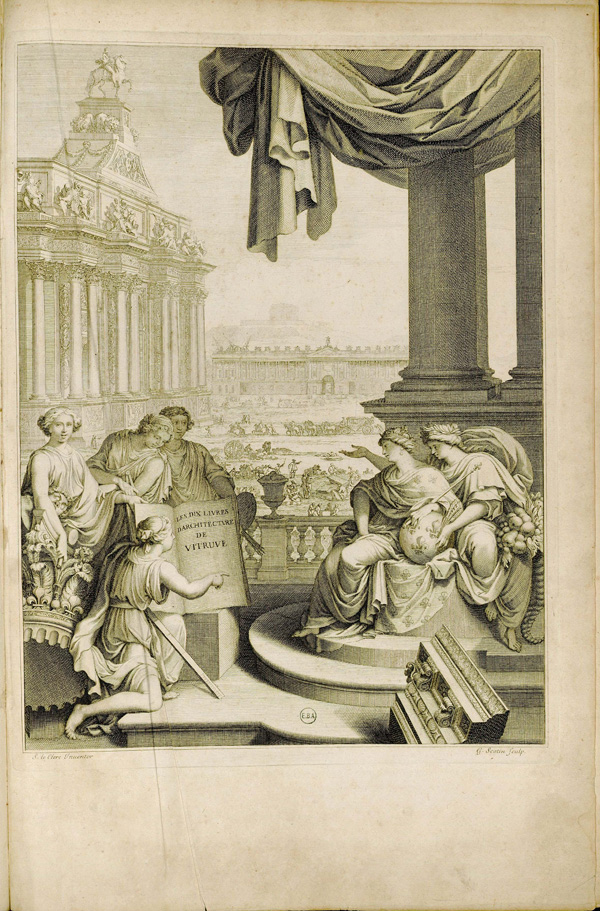 BIBLIOARQUITECTONICA Alegoría. La Monarquía y la Abundancia contemplan el tratado Los diez libros de la Arquitectura de Vitruvio VITRUVIO POLION, Marco. PERRAULT, Charles, Ed. Les dix livres d architecture. Paris, J. B. Coignard, 1673. Frontispicio