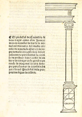 BIBLIOARQUITECTONICA Orden corintio con pedestal Diego de Sagredo. Medidas del romano. Toledo: Juan de Ayala Cano, 1564. p.[36v]